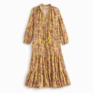 Mille Saffron Floral Block Print Cotton Midi Astrid Dress Yellow Tassel Small